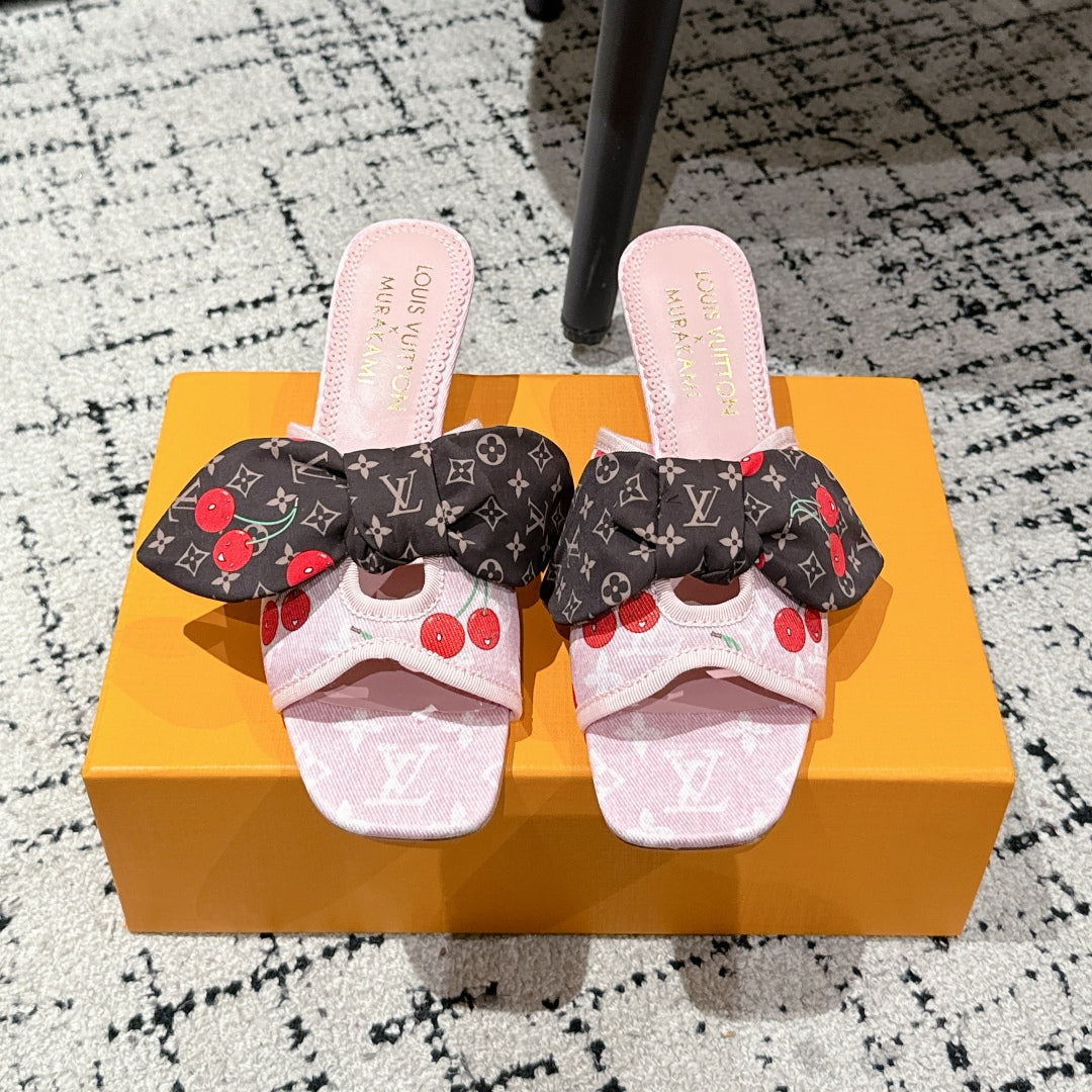 LV CHERRY HIGH HEELS 25S IN LIGHT PINK DENIM WITH BOW STYLE 4 - 35