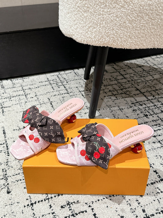 LV CHERRY HIGH HEELS 25S IN LIGHT PINK DENIM WITH BOW STYLE 4 - 35