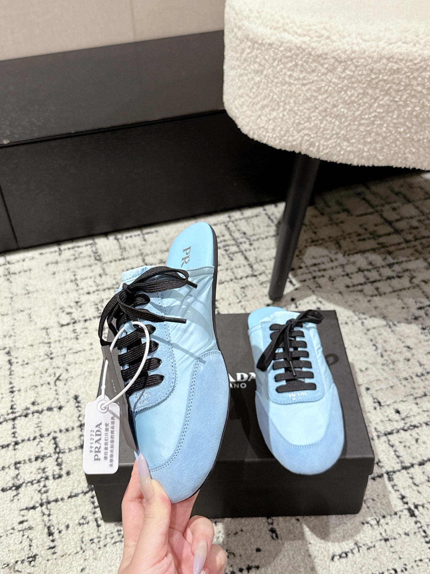 PRADA 25S DEXUN MULE IN LIGHT BLUE SUEDE LEATHER - 35