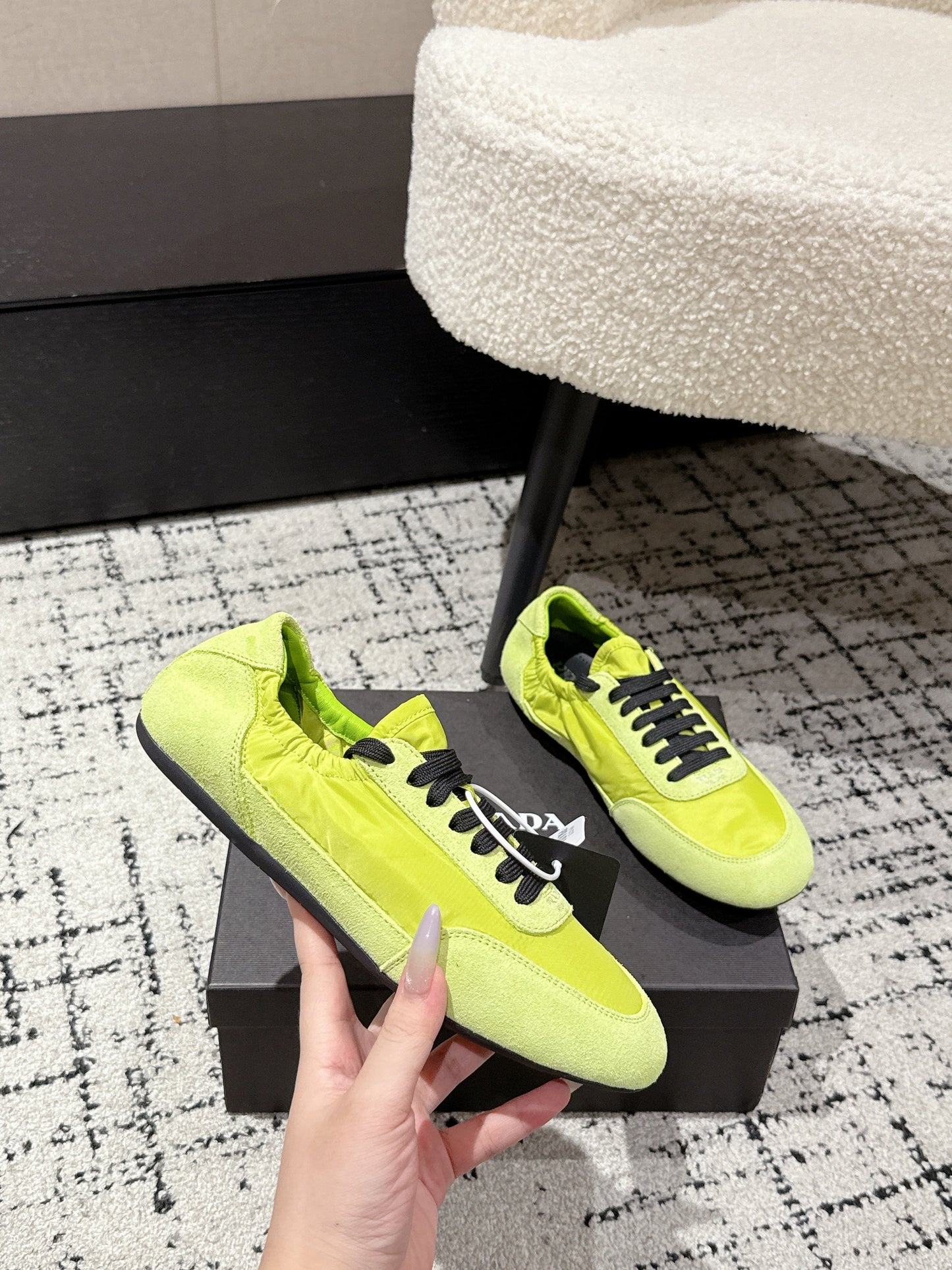 PRADA 25S COLLAPSE SNEAKERS IN LIME GREEN RE NYLON AND SUEDE - 35