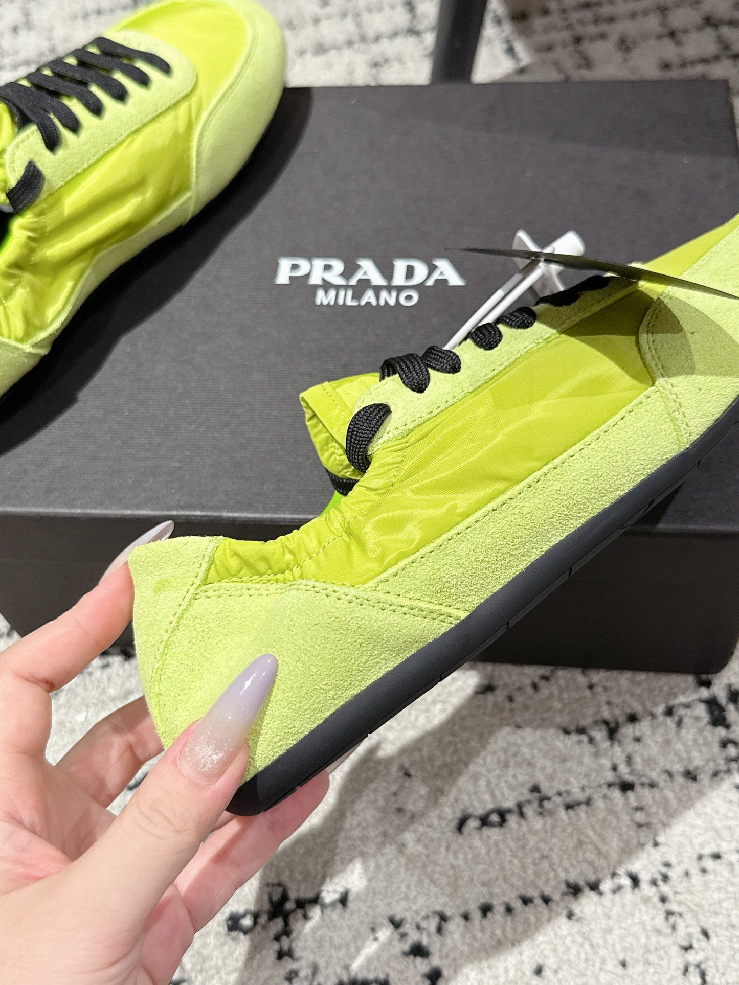 PRADA 25S COLLAPSE SNEAKERS IN LIME GREEN RE NYLON AND SUEDE - 35