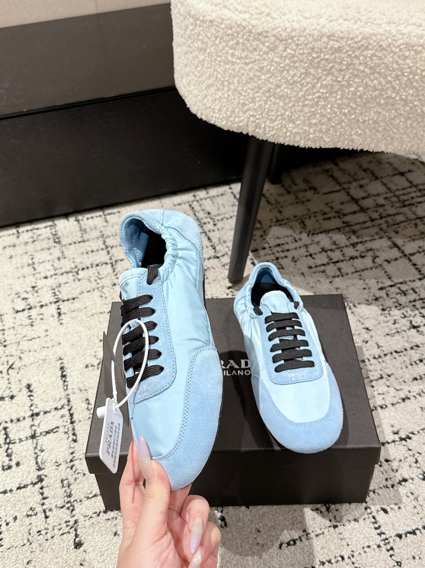 PRADA 25S COLLAPSE SNEAKERS IN LIGHT BLUE RE NYLON AND SUEDE - 35