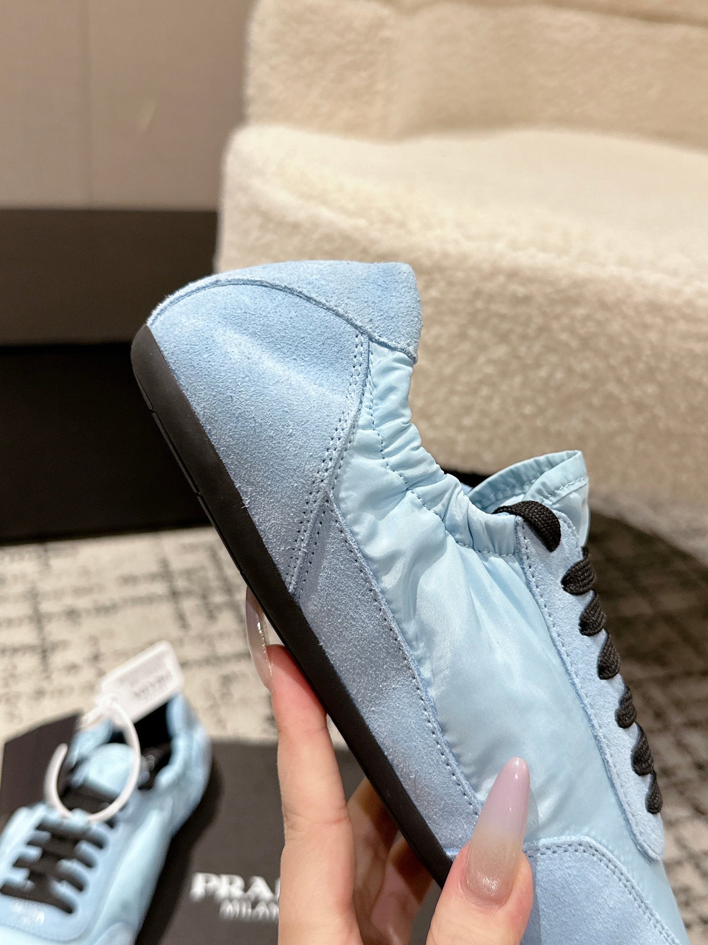 PRADA 25S COLLAPSE SNEAKERS IN LIGHT BLUE RE NYLON AND SUEDE - 35