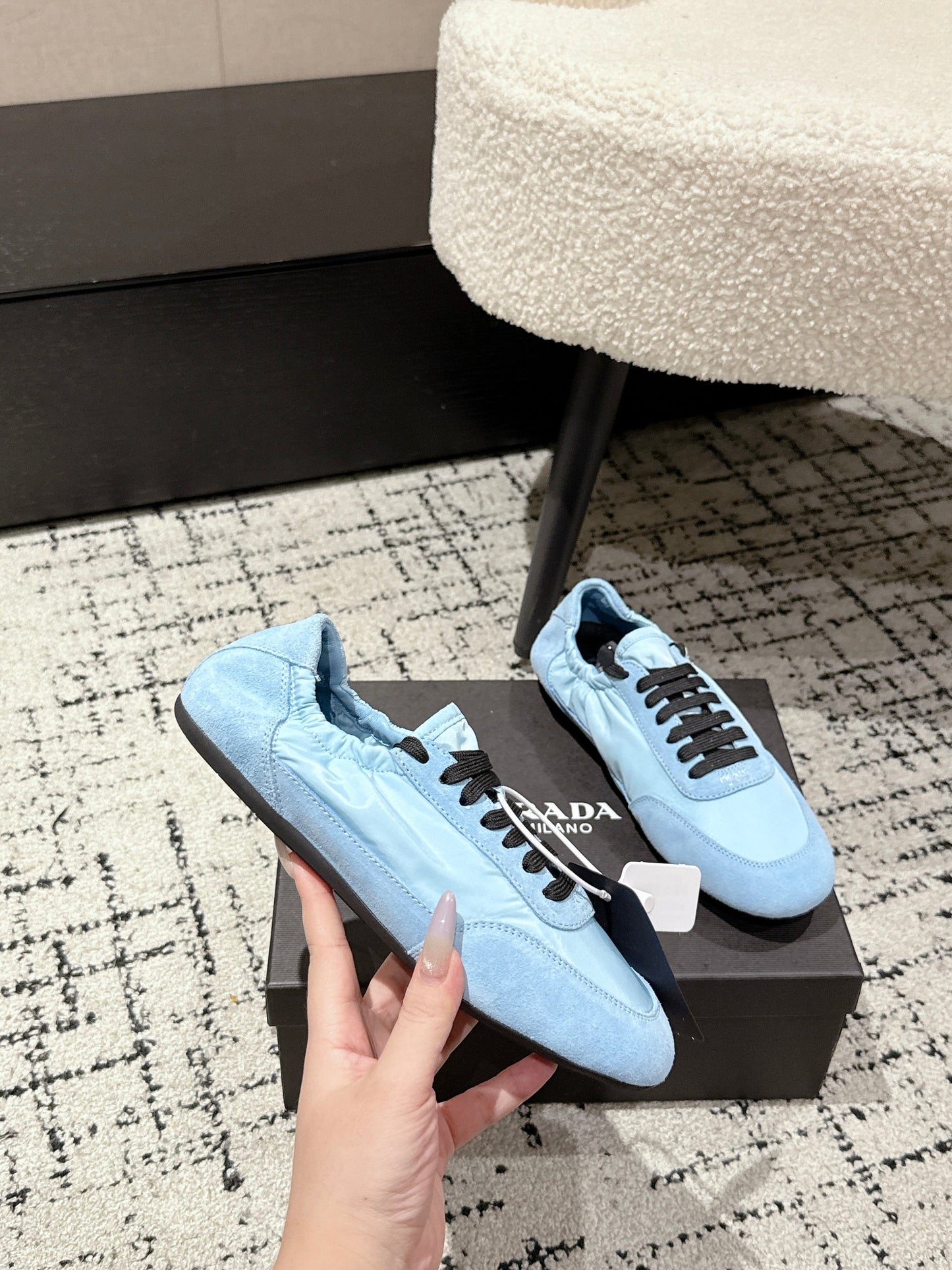 PRADA 25S COLLAPSE SNEAKERS IN LIGHT BLUE RE NYLON AND SUEDE - 35