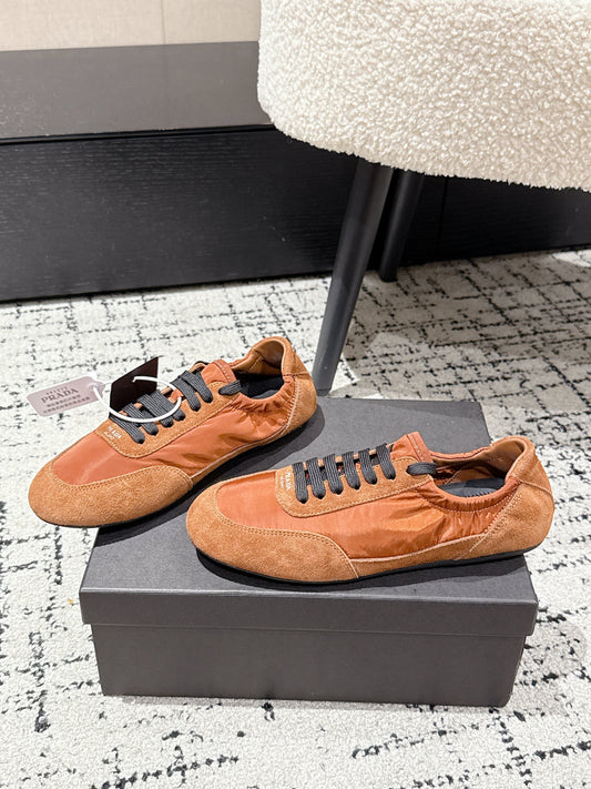 PRADA 25S COLLAPSE SNEAKERS IN BURNT ORANGE RE NYLON AND SUEDE - 35