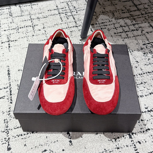 PRADA 25S COLLAPSE SNEAKERS IN RED RE NYLON AND SUEDE - 35