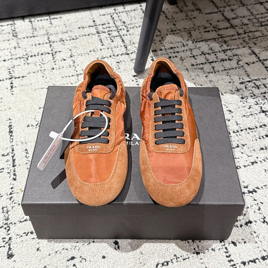 PRADA 25S COLLAPSE SNEAKERS IN BURNT ORANGE RE NYLON AND SUEDE - 35