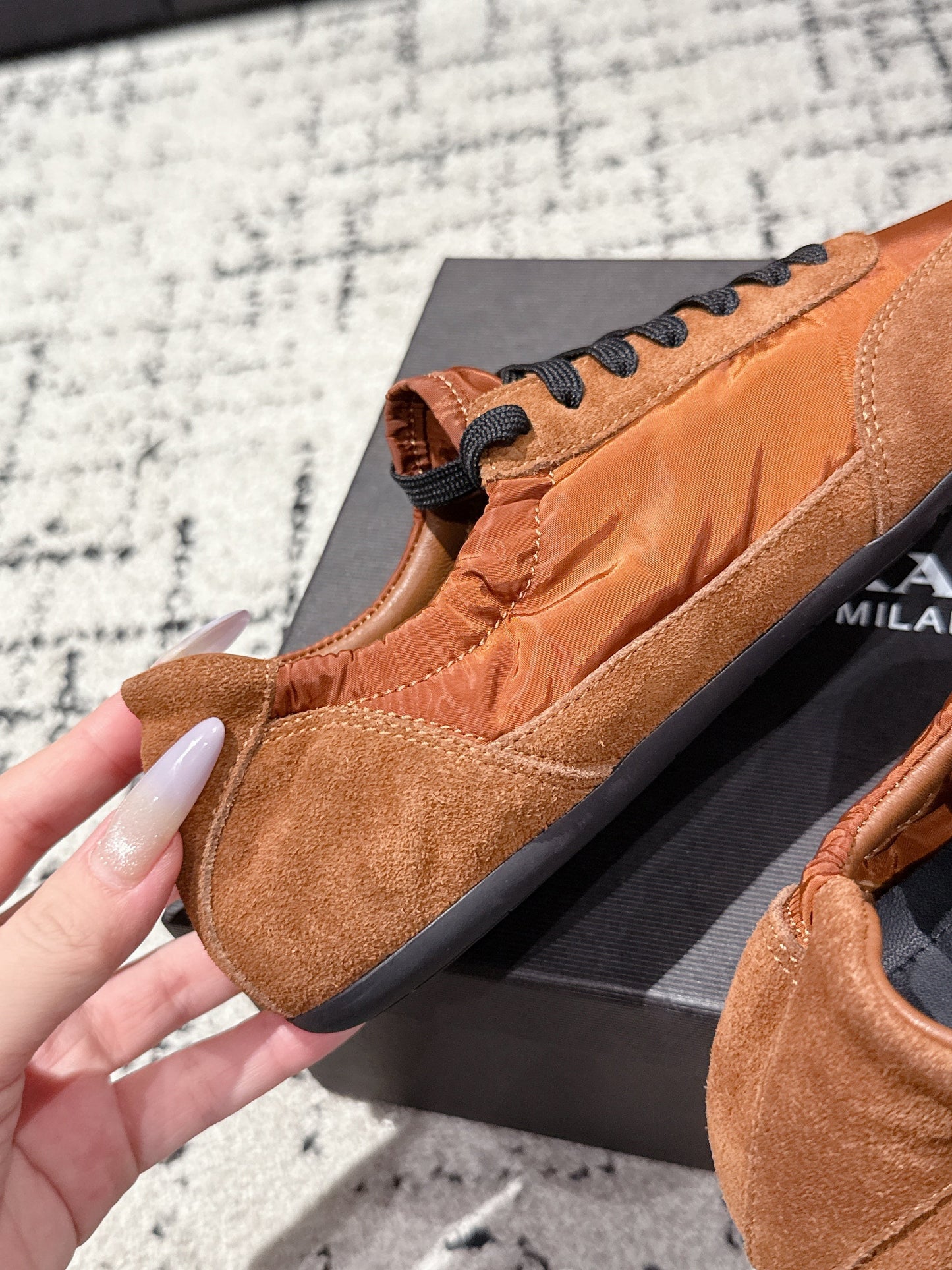PRADA 25S COLLAPSE SNEAKERS IN BURNT ORANGE RE NYLON AND SUEDE - 35