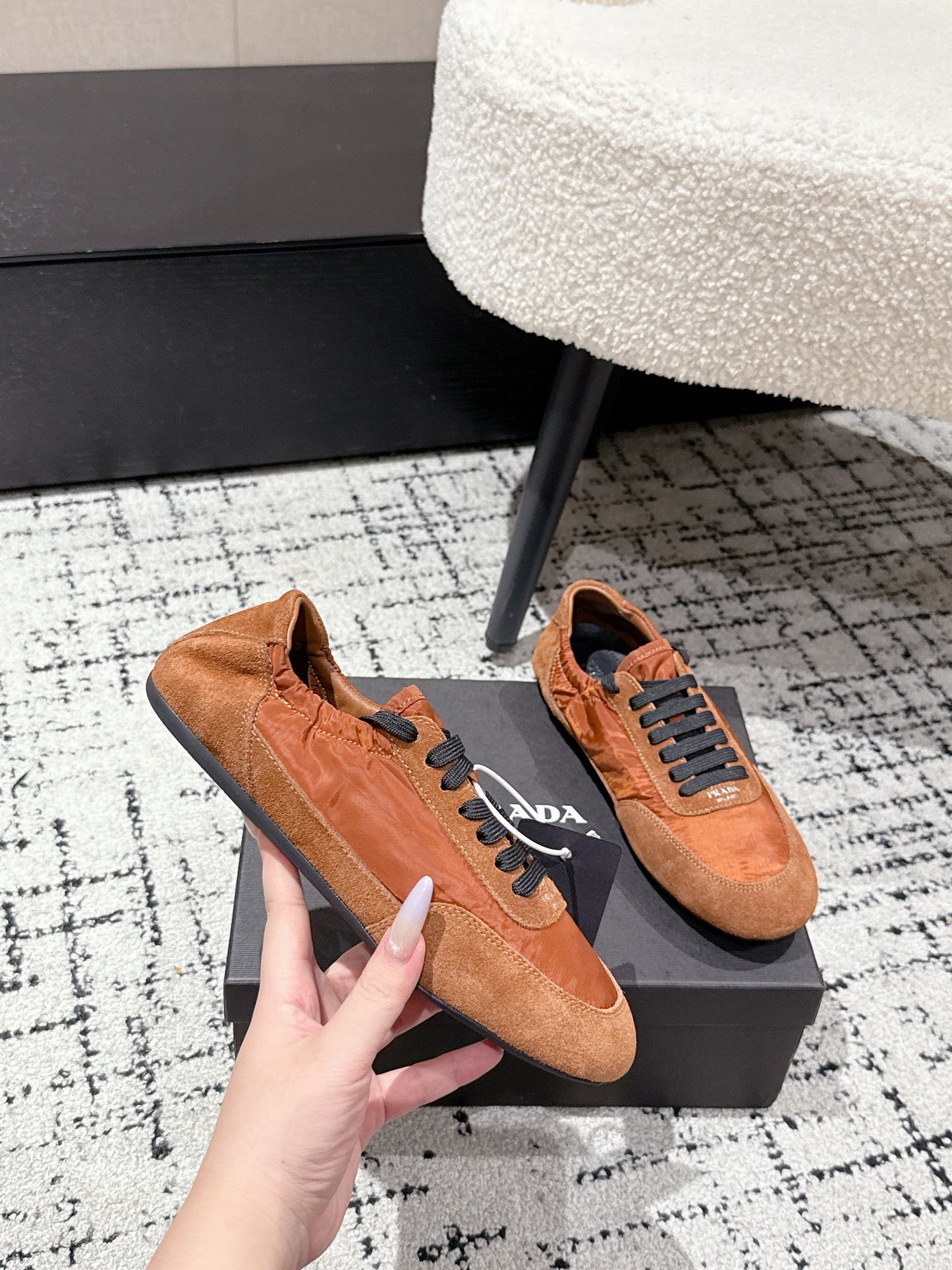 PRADA 25S COLLAPSE SNEAKERS IN BURNT ORANGE RE NYLON AND SUEDE - 35