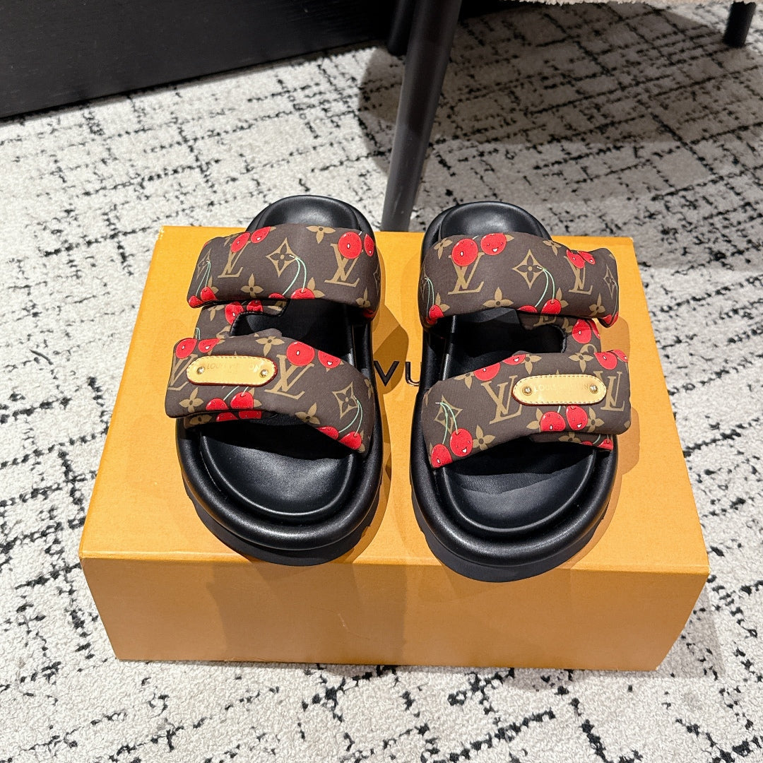 LV MIAMI-STYLE SANDALS 25S IN BROWN FABRIC AND BLACK CALFSKIN - 35