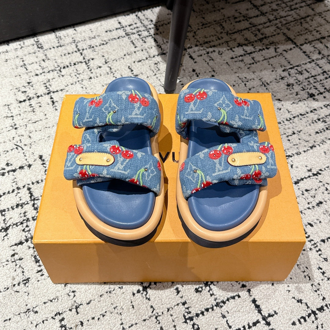 LV MIAMI DOUBLE-STRAP SANDALS 25S IN BLUE DENIM AND CALFSKIN - 35