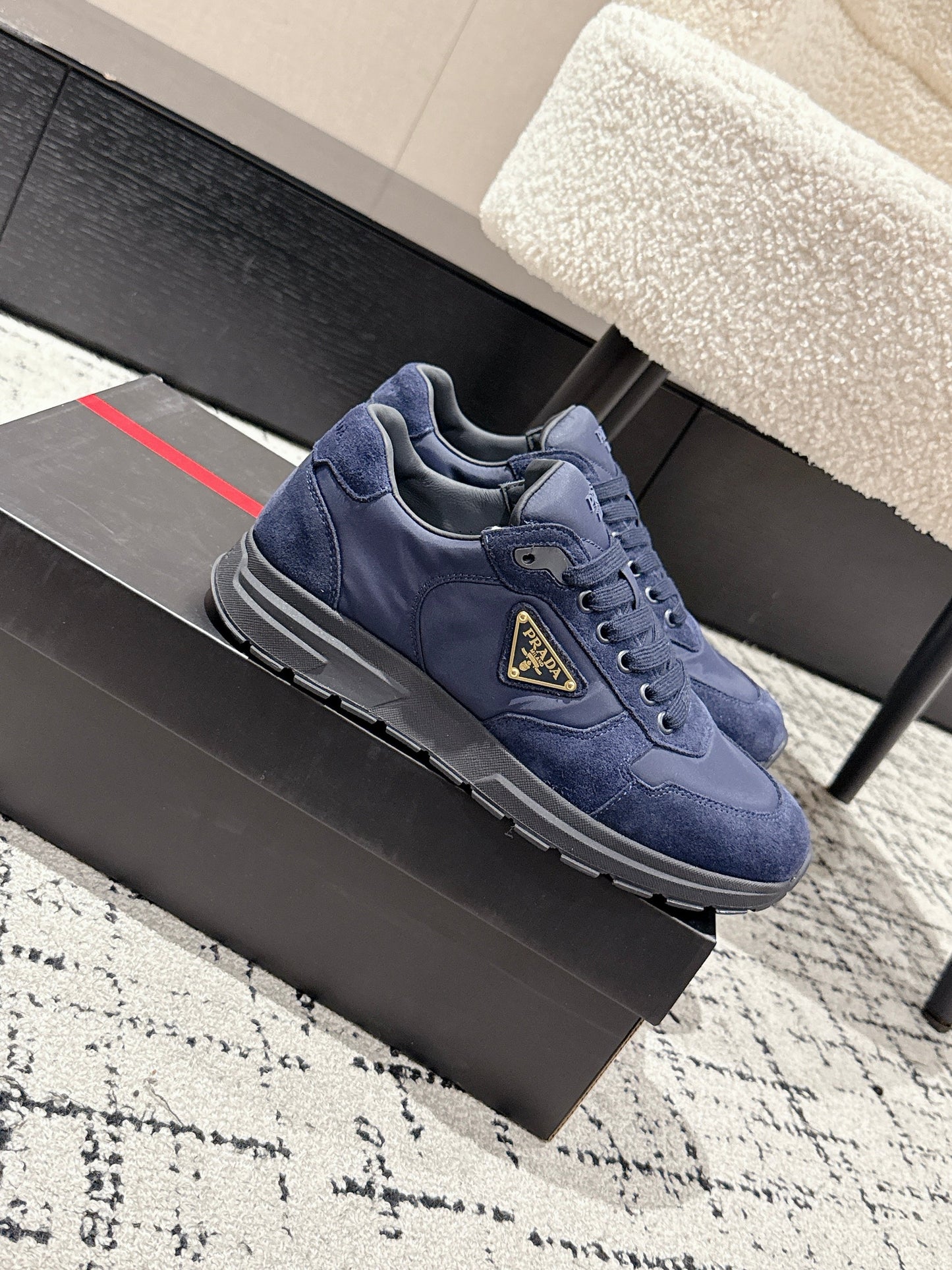 PRADA 25S MEN SNEAKERS LOGO IN NAVY BLUE NUBUCK AND CANVAS - 38