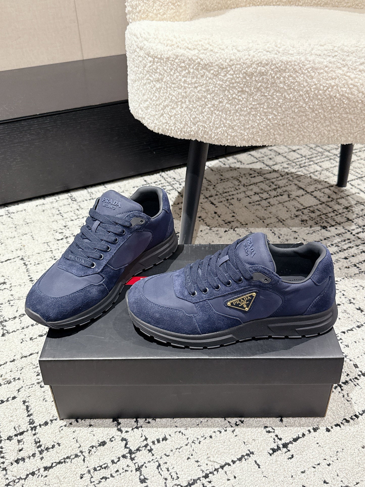 PRADA 25S MEN SNEAKERS LOGO IN NAVY BLUE NUBUCK AND CANVAS - 38