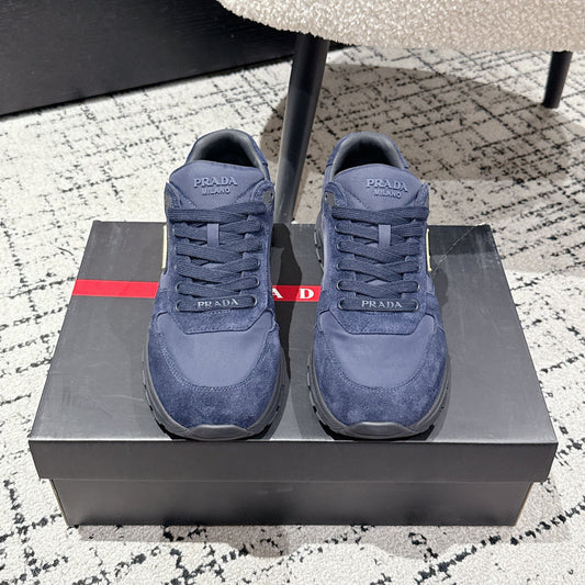 PRADA 25S MEN SNEAKERS LOGO IN NAVY BLUE NUBUCK AND CANVAS - 38