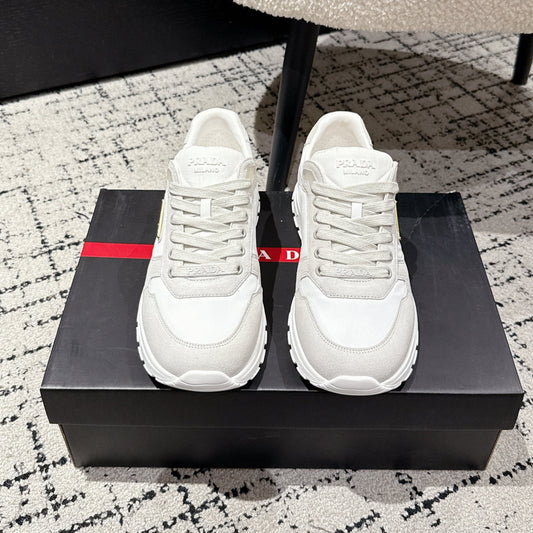 PRADA 25S MEN SNEAKERS LOGO IN WHITE NUBUCK AND CANVAS - 38