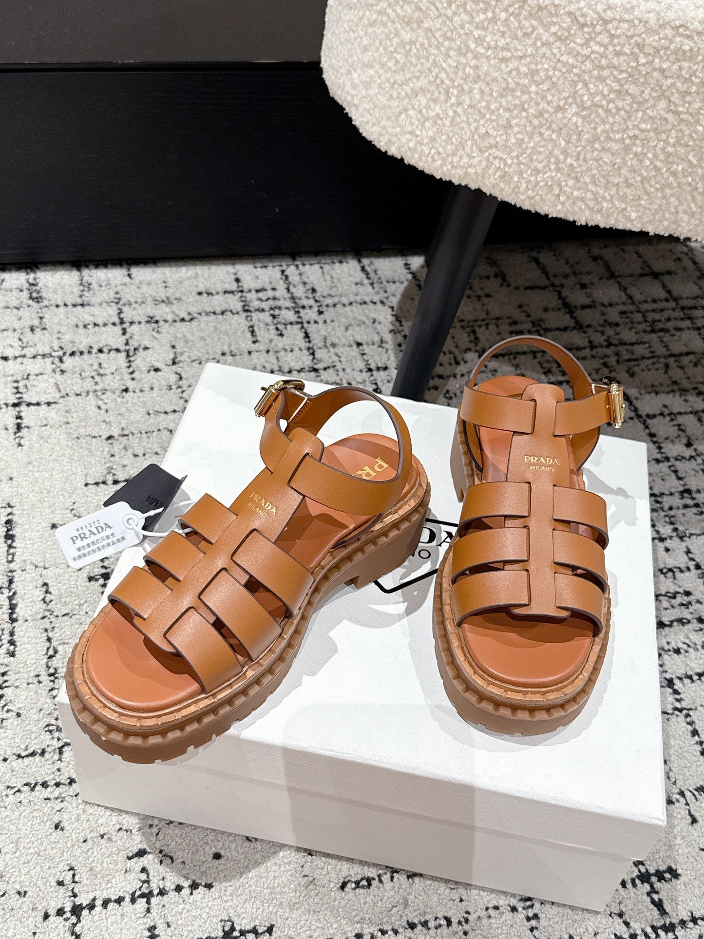 PRADA 25S FISHERMAN OPEN TOE SANDALS IN BURNT ORANGE CALFSKIN - 35