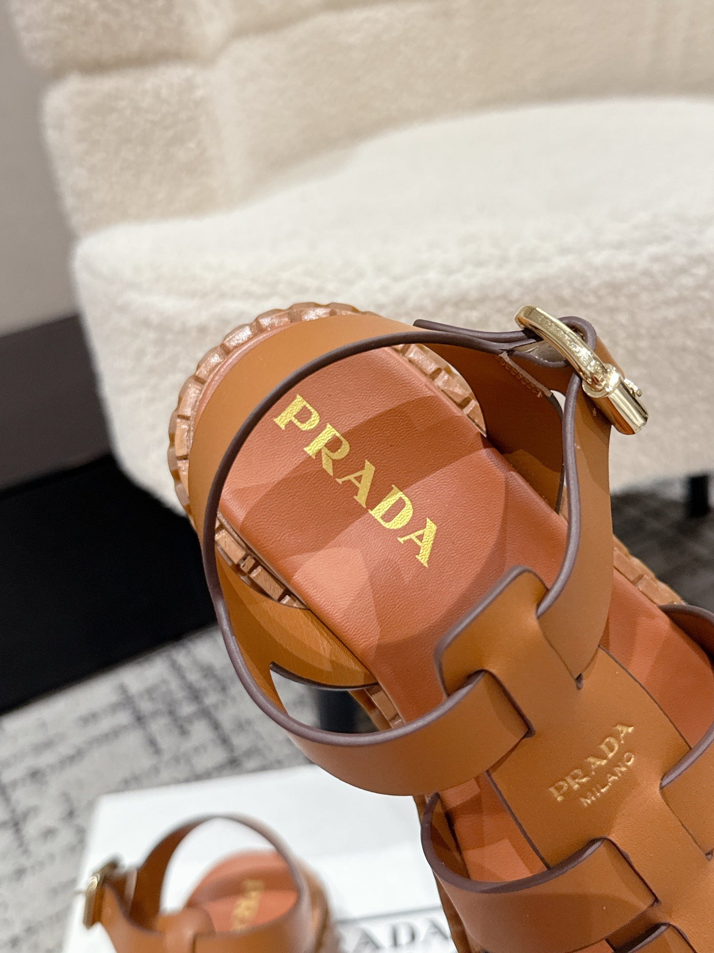 PRADA 25S FISHERMAN OPEN TOE SANDALS IN BURNT ORANGE CALFSKIN - 35