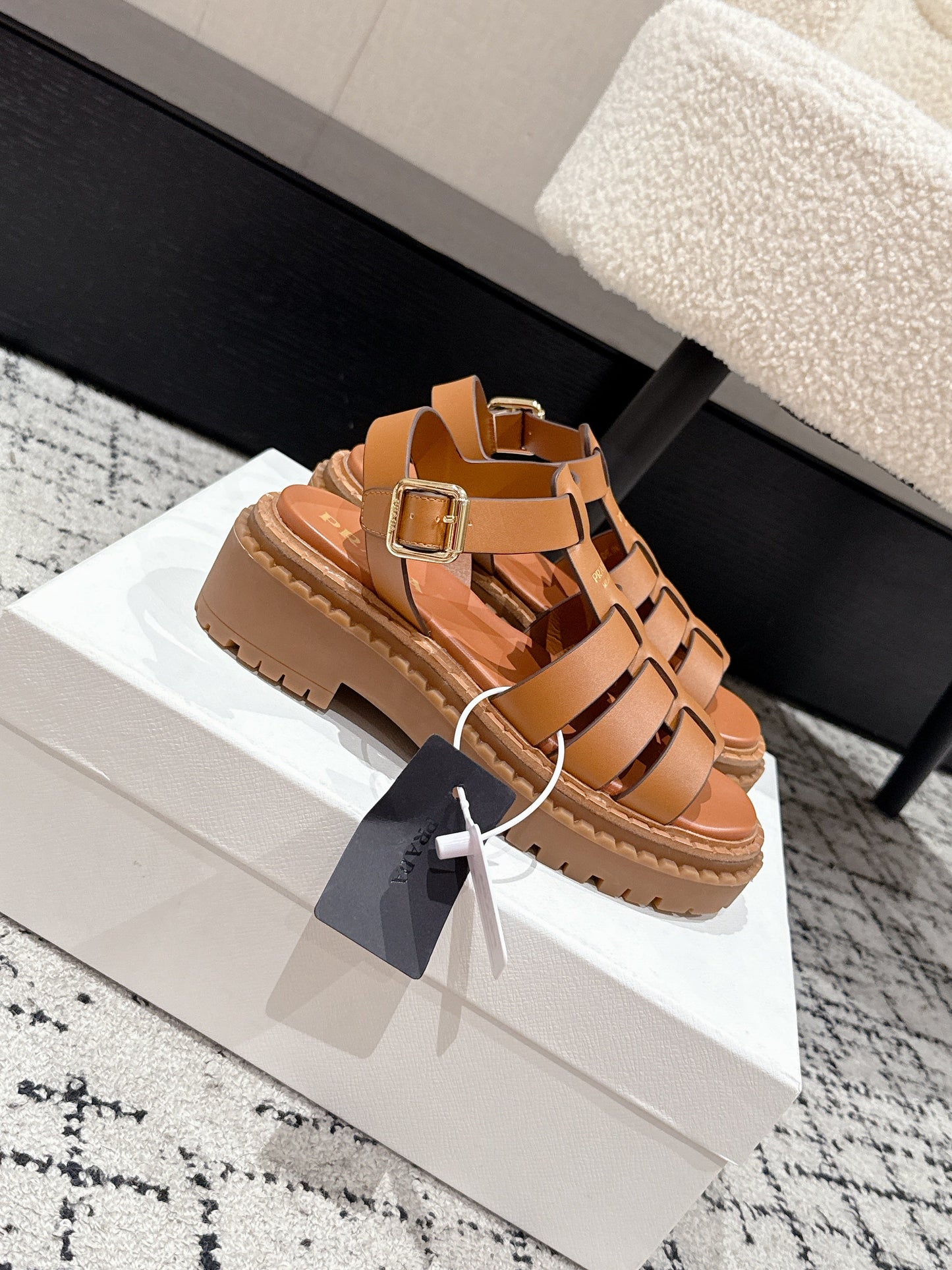 PRADA 25S FISHERMAN OPEN TOE SANDALS IN BURNT ORANGE CALFSKIN - 35