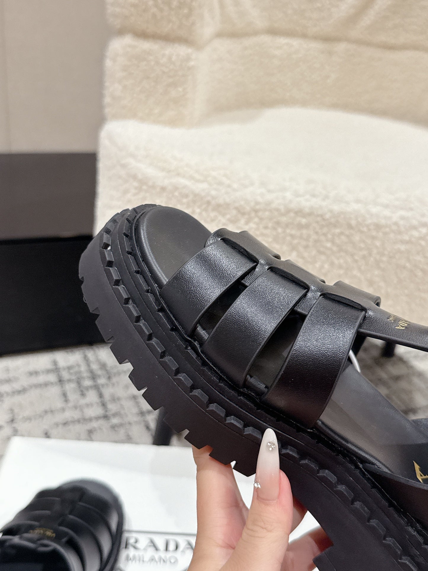PRADA 25S FISHERMAN OPEN TOE SANDALS IN BLACK CALFSKIN - 35