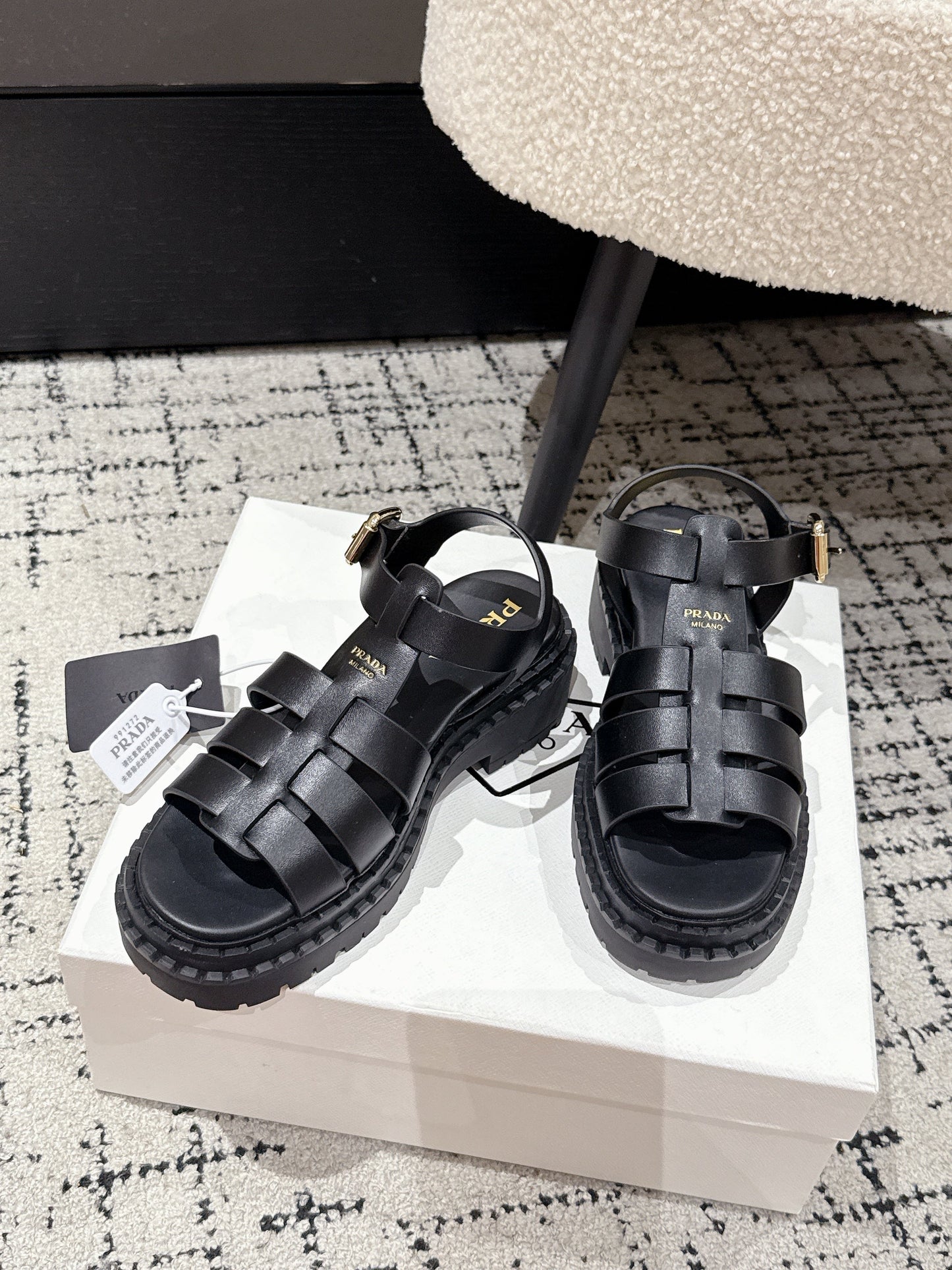 PRADA 25S FISHERMAN OPEN TOE SANDALS IN BLACK CALFSKIN - 35