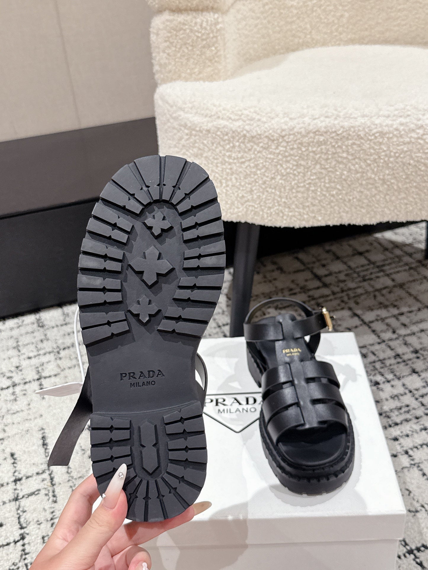 PRADA 25S FISHERMAN OPEN TOE SANDALS IN BLACK CALFSKIN - 35