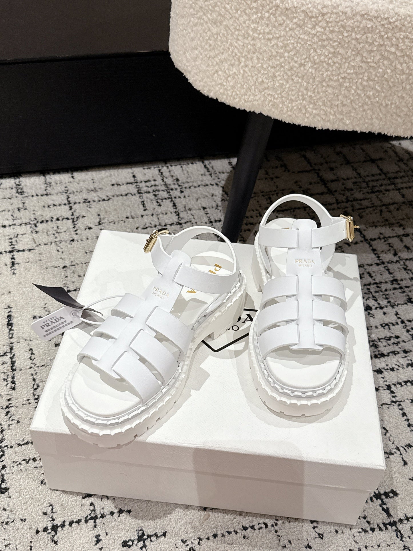 PRADA 25S FISHERMAN OPEN TOE SANDALS IN WHITE CALFSKIN - 35