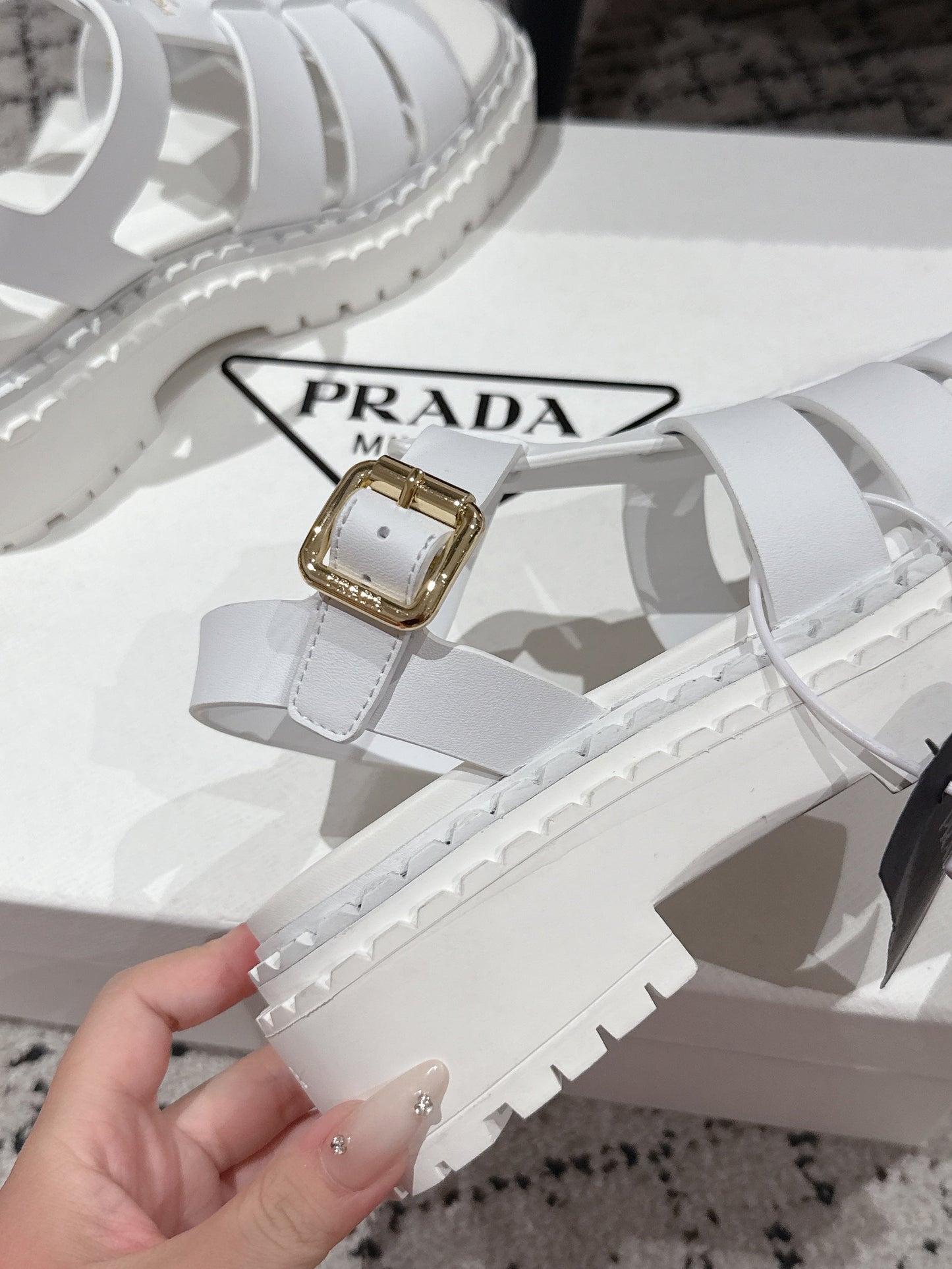 PRADA 25S FISHERMAN OPEN TOE SANDALS IN WHITE CALFSKIN - 35