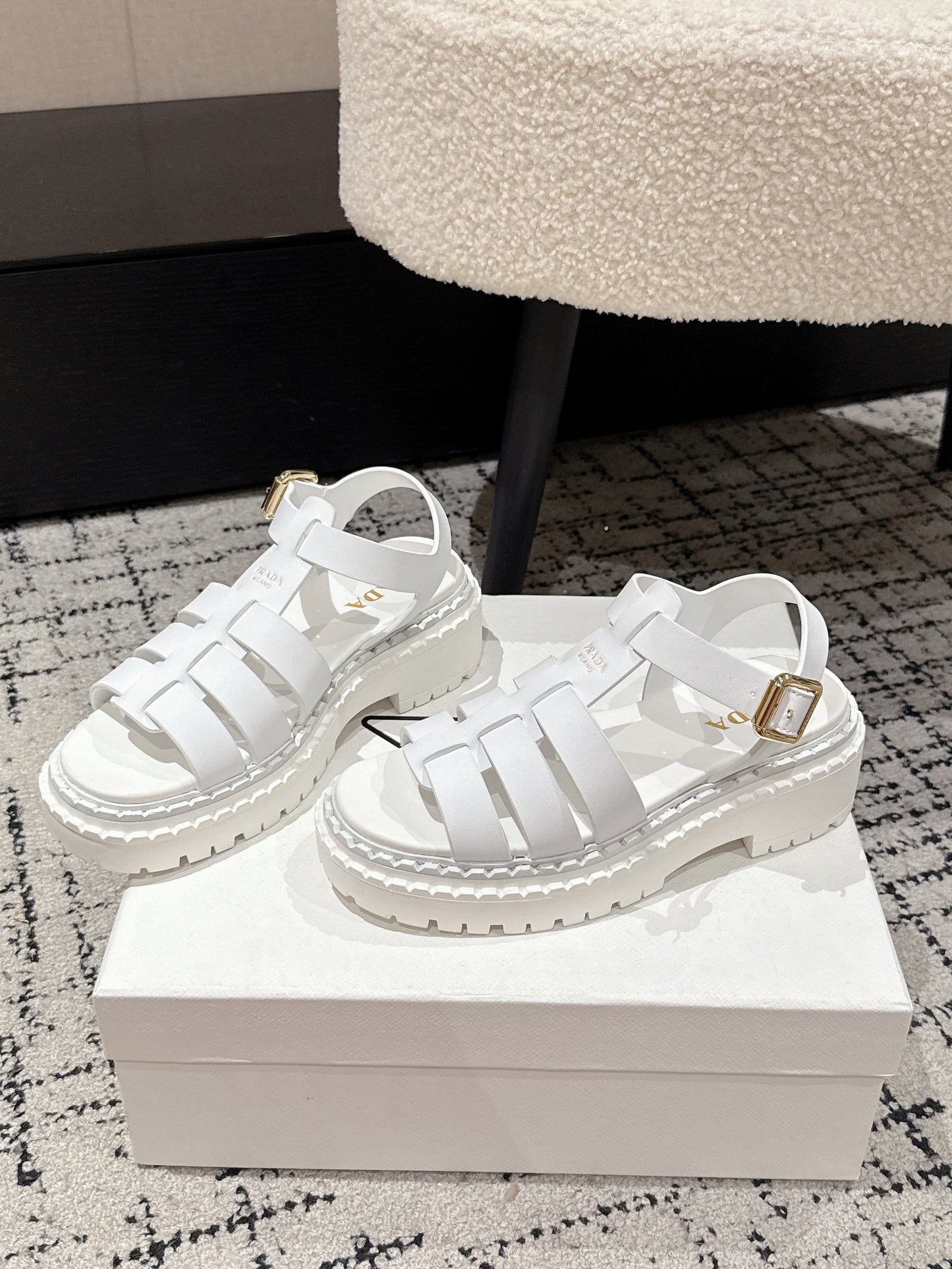 PRADA 25S FISHERMAN OPEN TOE SANDALS IN WHITE CALFSKIN - 35