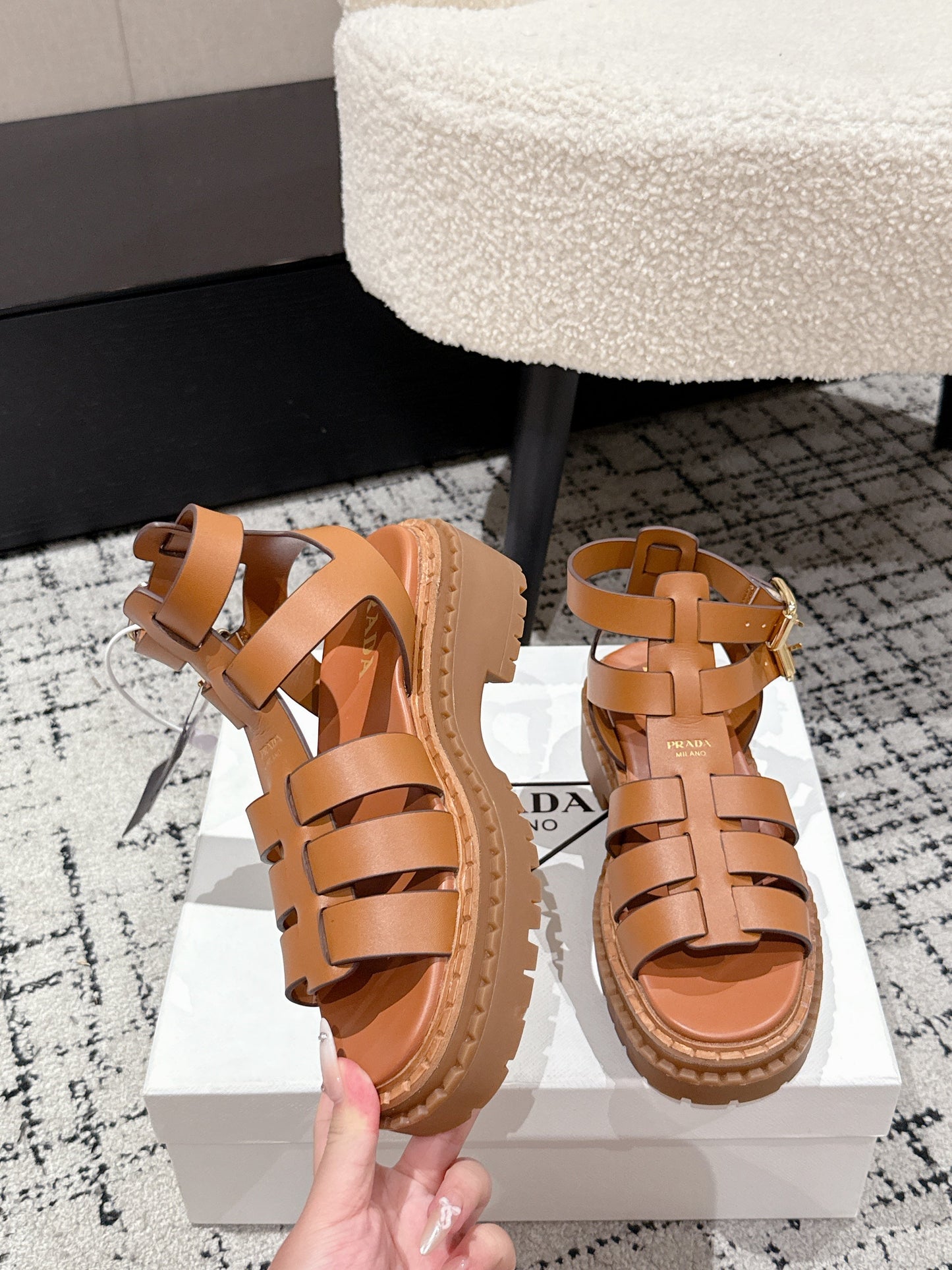 PRADA 25S HIGH TOP OPEN TOE FISHERMAN SANDALS IN BURNT ORANGE CALFSKIN - 35