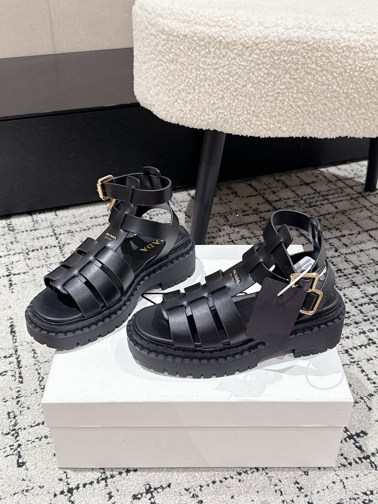 PRADA 25S HIGH TOP OPEN TOE FISHERMAN SANDALS IN BLACK CALFSKIN - 35