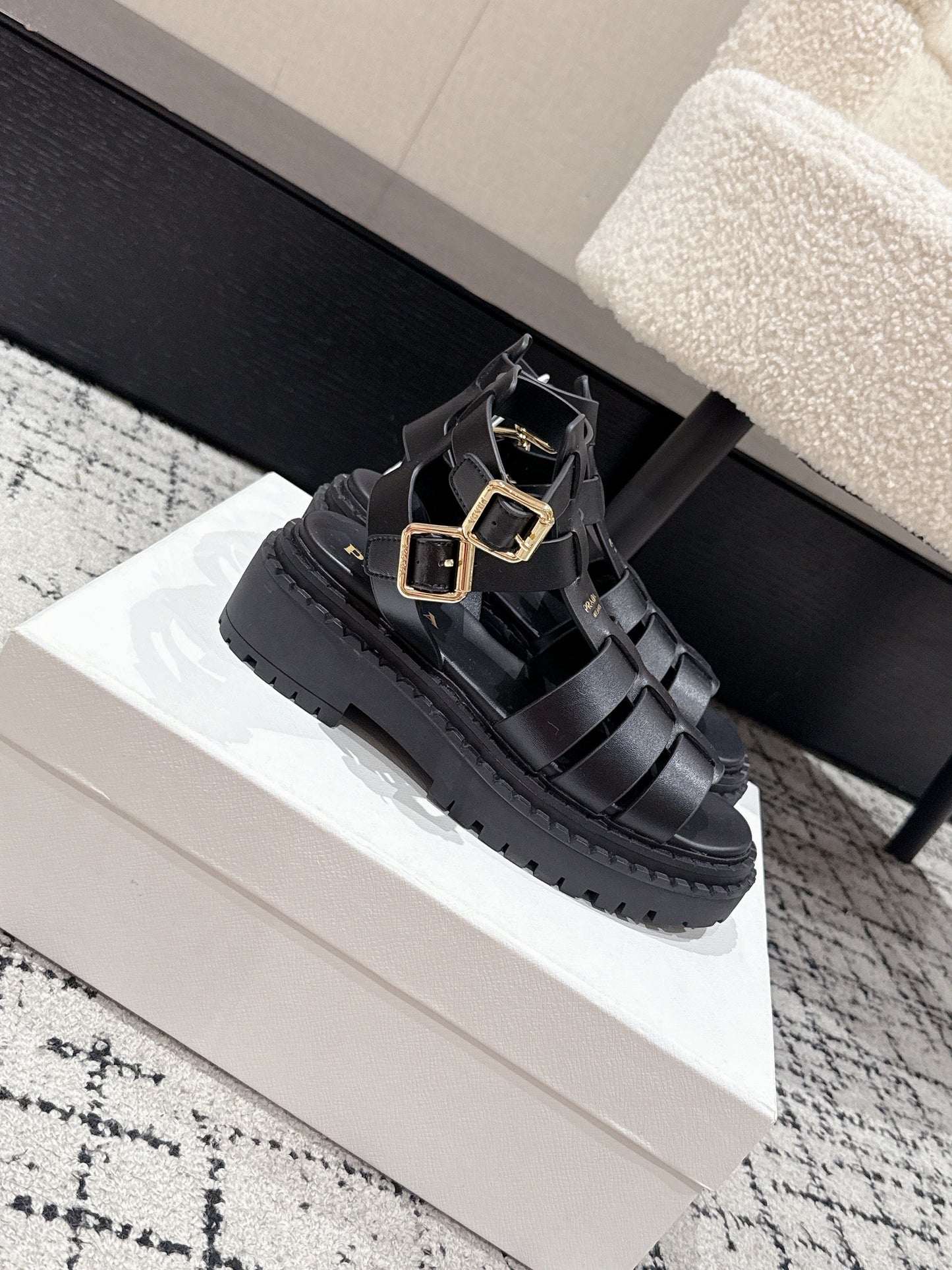 PRADA 25S HIGH TOP OPEN TOE FISHERMAN SANDALS IN BLACK CALFSKIN - 35