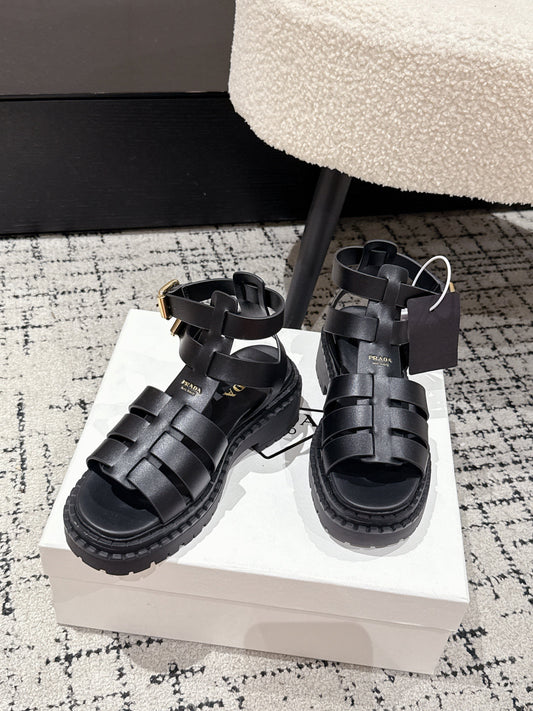 PRADA 25S HIGH TOP OPEN TOE FISHERMAN SANDALS IN BLACK CALFSKIN - 35