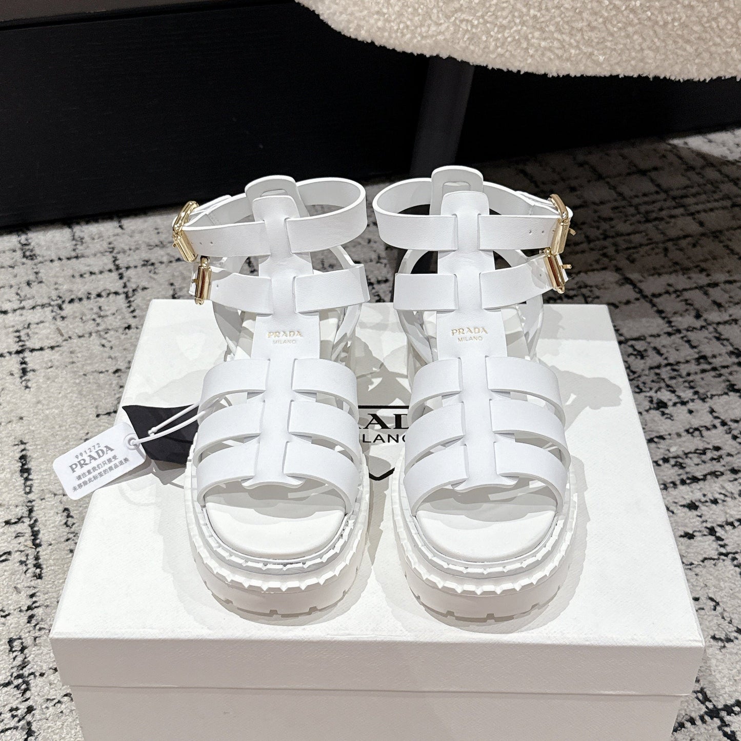 PRADA 25S HIGH TOP OPEN TOE FISHERMAN SANDALS IN WHITE CALFSKIN - 35