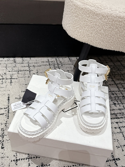 PRADA 25S HIGH TOP OPEN TOE FISHERMAN SANDALS IN WHITE CALFSKIN - 35