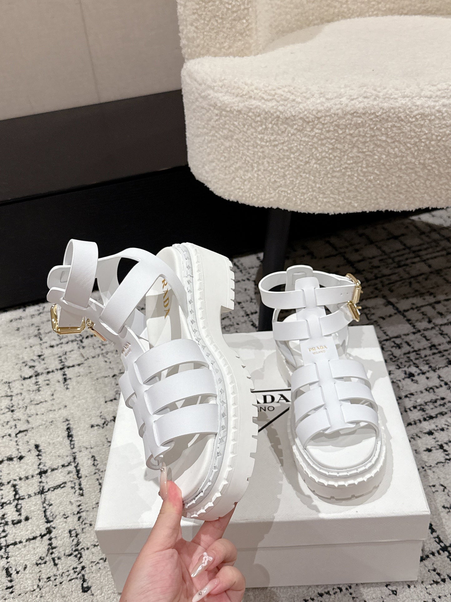 PRADA 25S HIGH TOP OPEN TOE FISHERMAN SANDALS IN WHITE CALFSKIN - 35