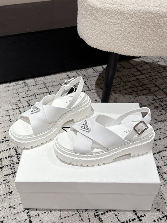 PRADA 25S CRISSCROSS SANDALS IN WHITE CALFSKIN LOGO - 35