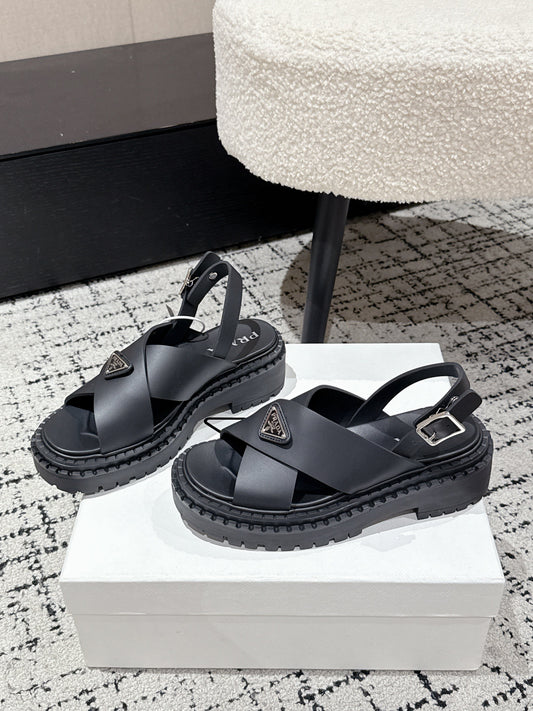 PRADA 25S CRISSCROSS SANDALS IN BLACK CALFSKIN LOGO - 35