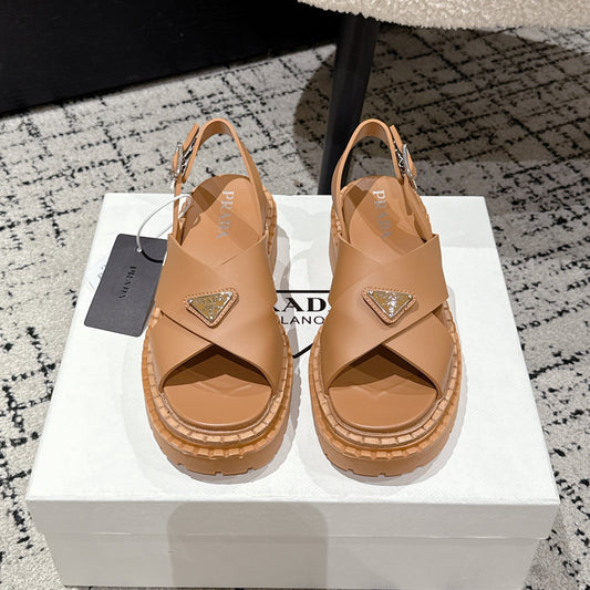 PRADA 25S CRISSCROSS SANDALS IN BURNT ORANGE CALFSKIN LOGO - 35