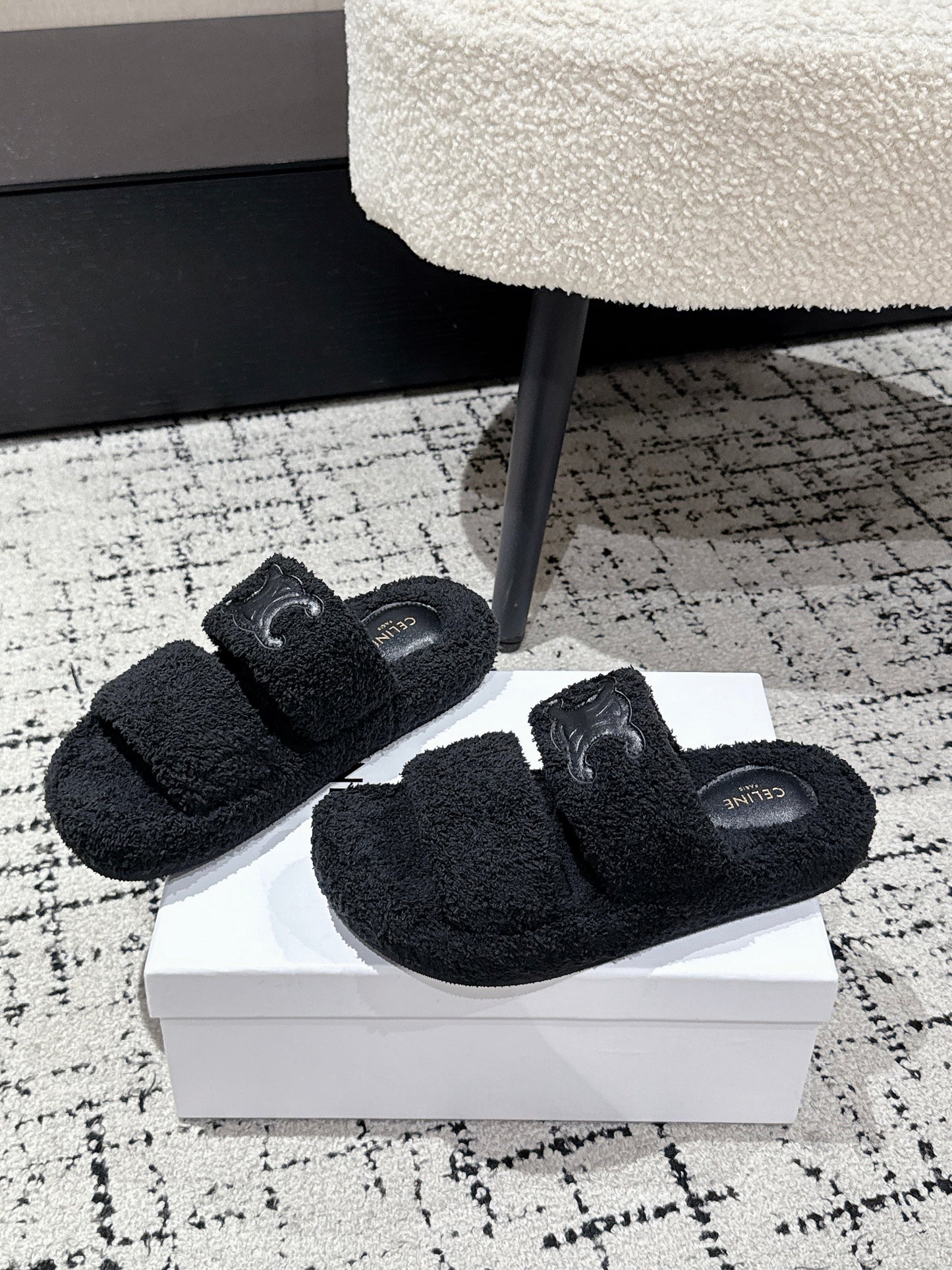 CELINE 25S SLIDES TRIOMPHE IN BLACK SPONGE FABRIC - 35