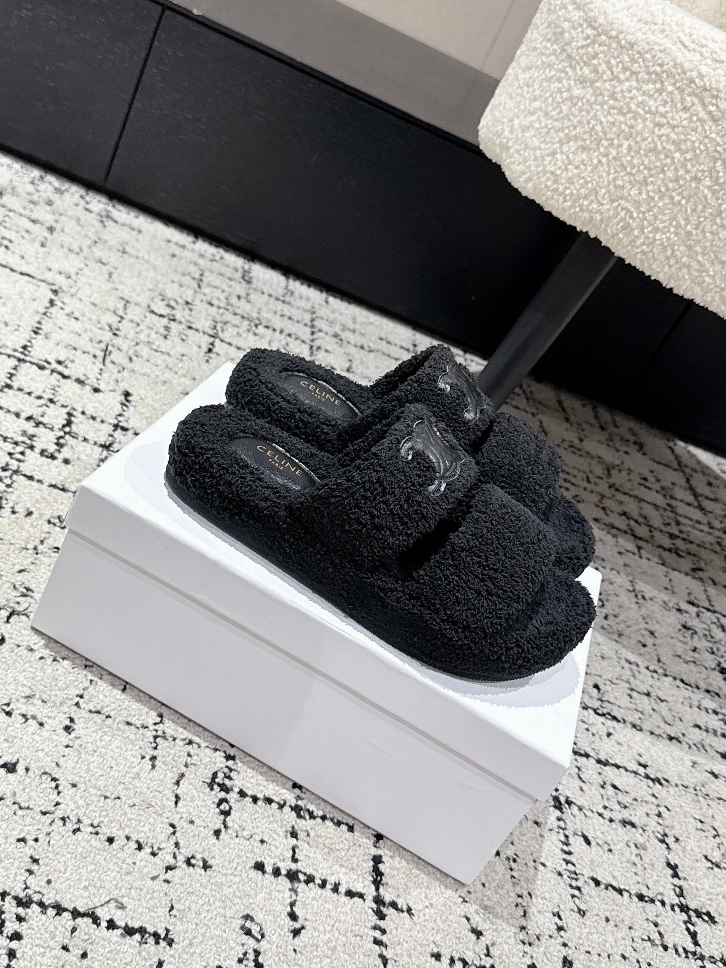 CELINE 25S SLIDES TRIOMPHE IN BLACK SPONGE FABRIC - 35