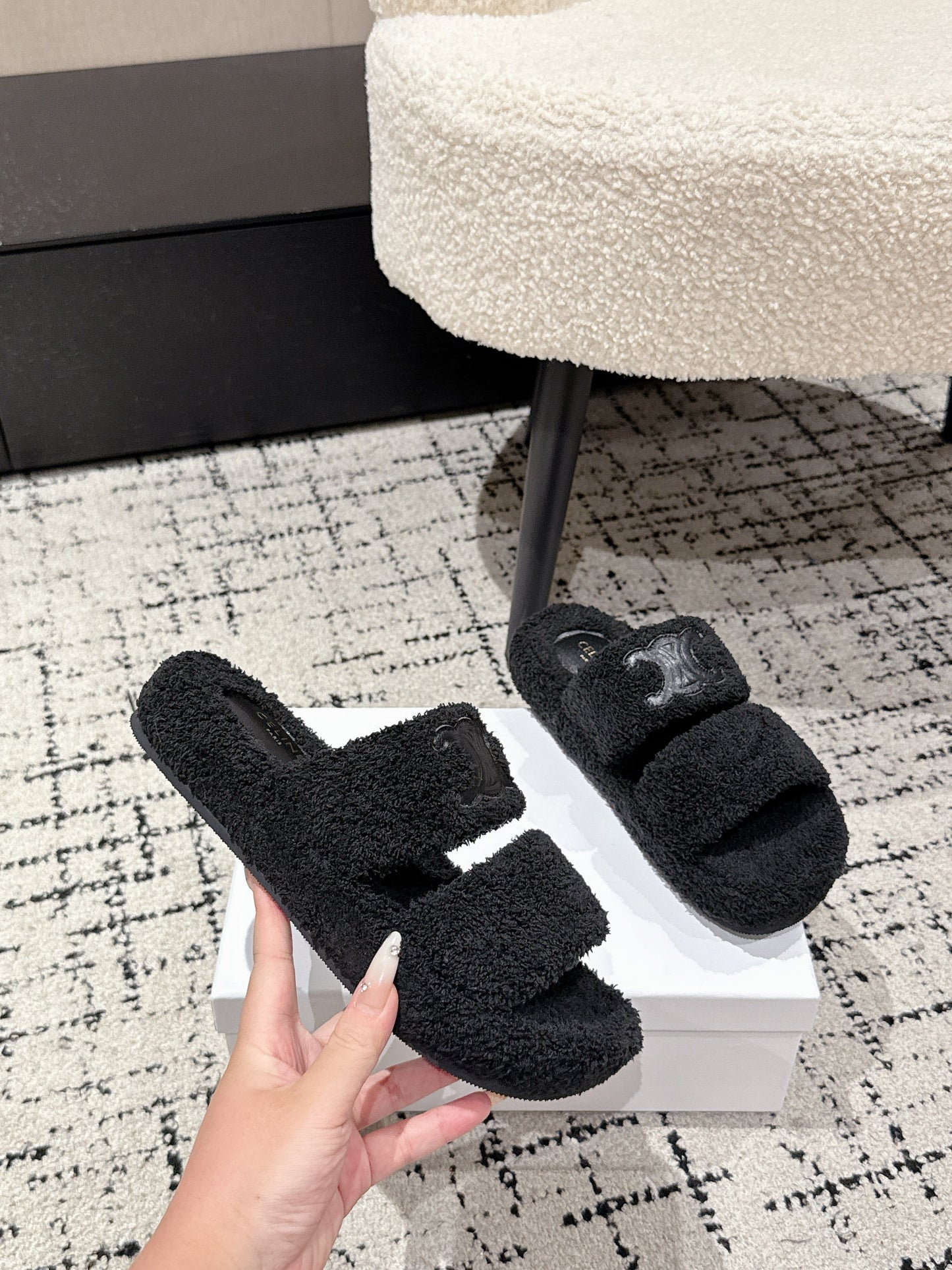 CELINE 25S SLIDES TRIOMPHE IN BLACK SPONGE FABRIC - 35
