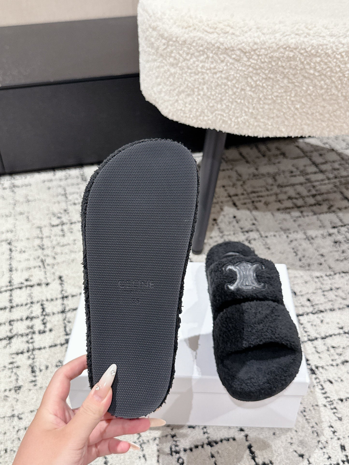 CELINE 25S SLIDES TRIOMPHE IN BLACK SPONGE FABRIC - 35