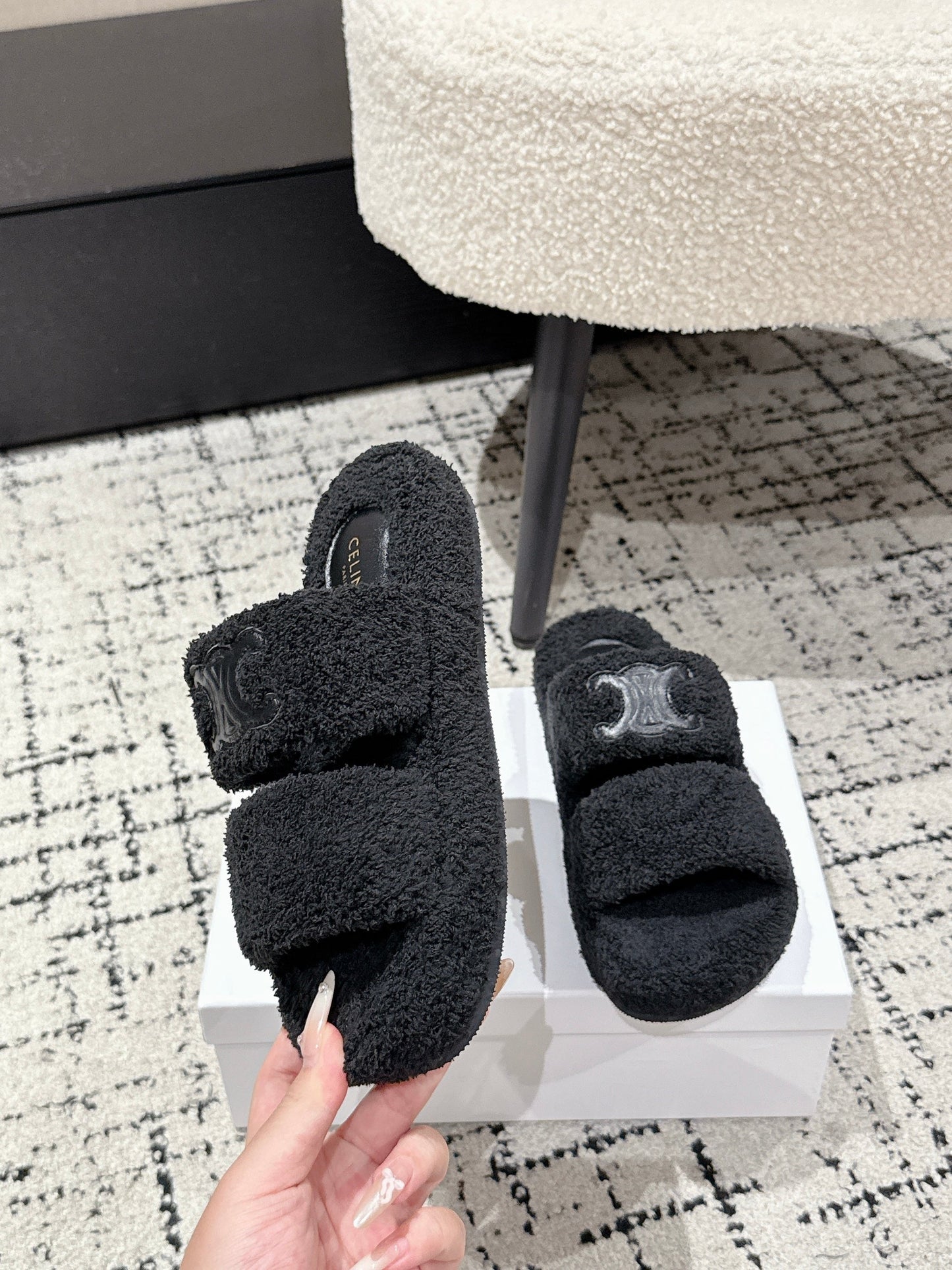 CELINE 25S SLIDES TRIOMPHE IN BLACK SPONGE FABRIC - 35