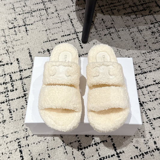 CELINE 25S SLIDES TRIOMPHE IN IVORY SPONGE FABRIC - 35