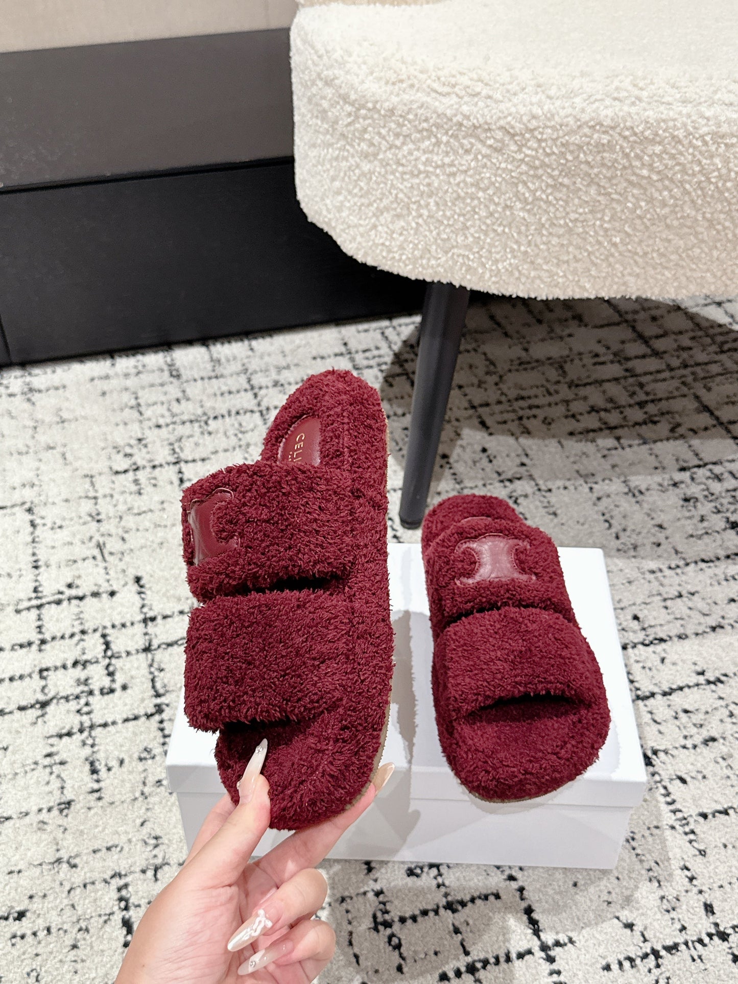 CELINE 25S SLIDES TRIOMPHE IN WINE RED SPONGE FABRIC - 35