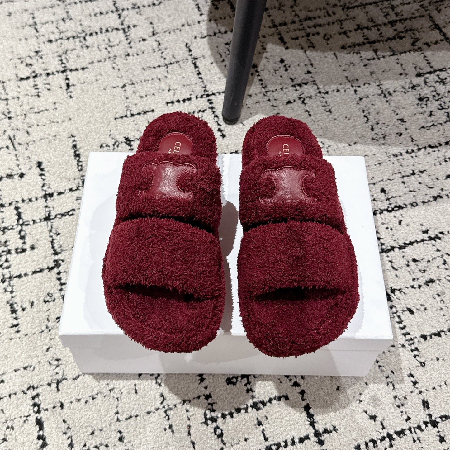 CELINE 25S SLIDES TRIOMPHE IN WINE RED SPONGE FABRIC - 35