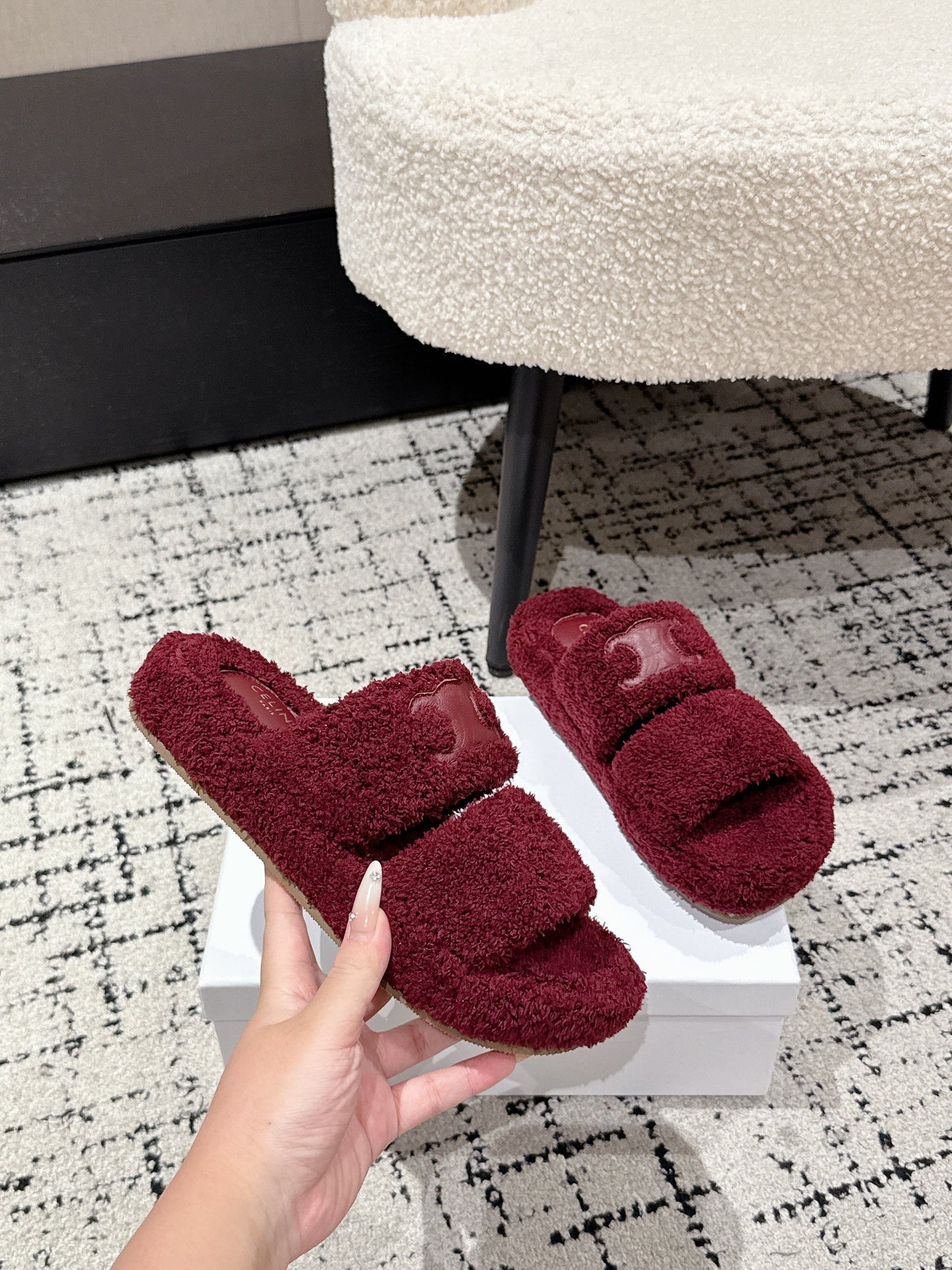 CELINE 25S SLIDES TRIOMPHE IN WINE RED SPONGE FABRIC - 35
