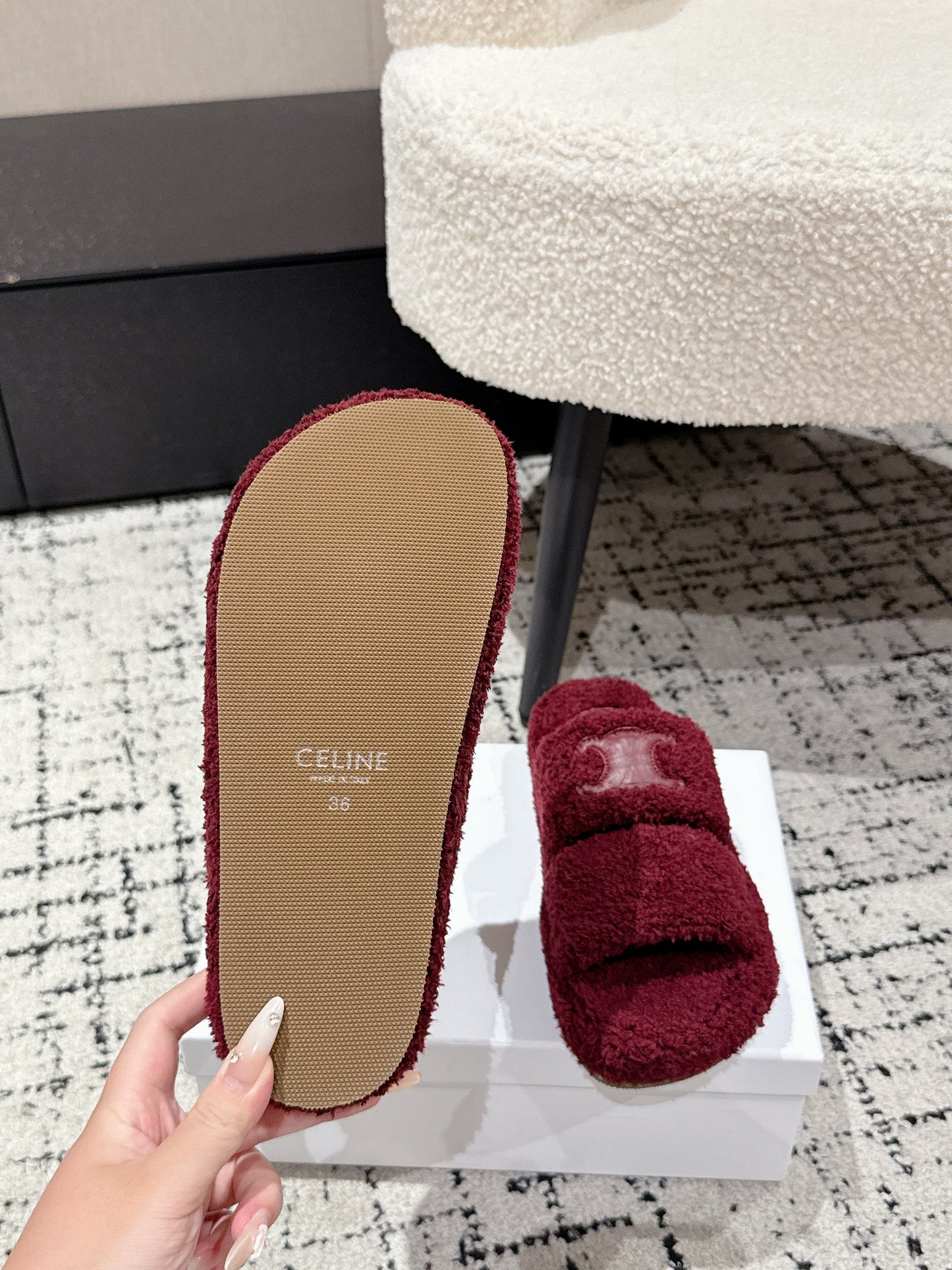 CELINE 25S SLIDES TRIOMPHE IN WINE RED SPONGE FABRIC - 35
