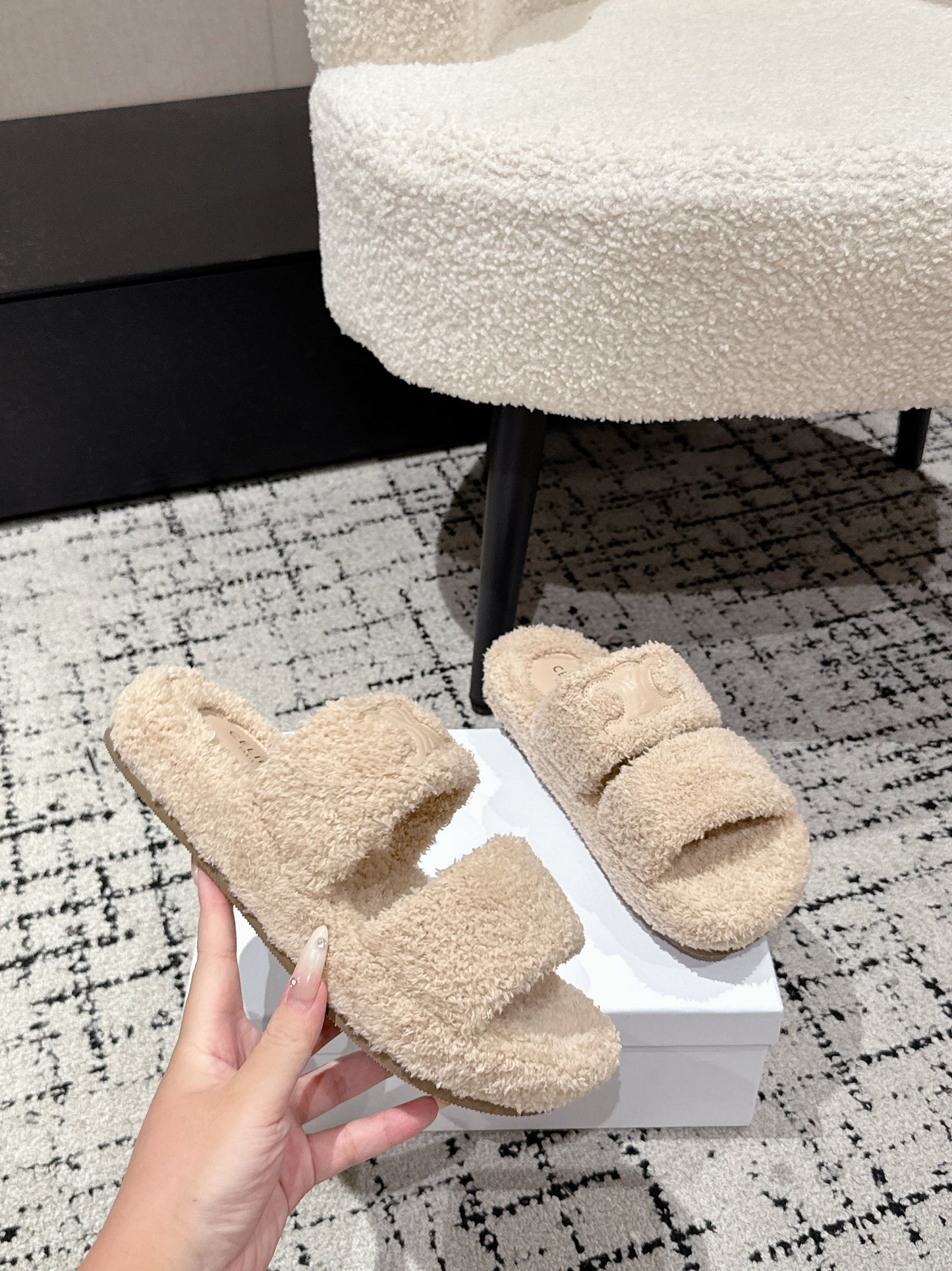 CELINE 25S SLIDES TRIOMPHE IN BIEGE SPONGE FABRIC - 35