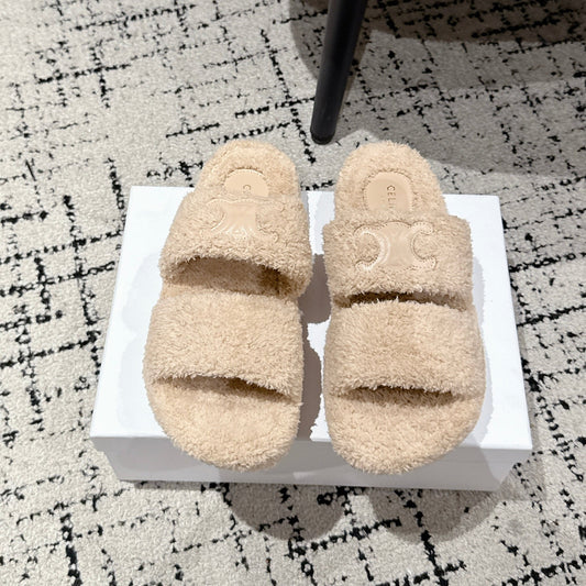 CELINE 25S SLIDES TRIOMPHE IN BIEGE SPONGE FABRIC - 35
